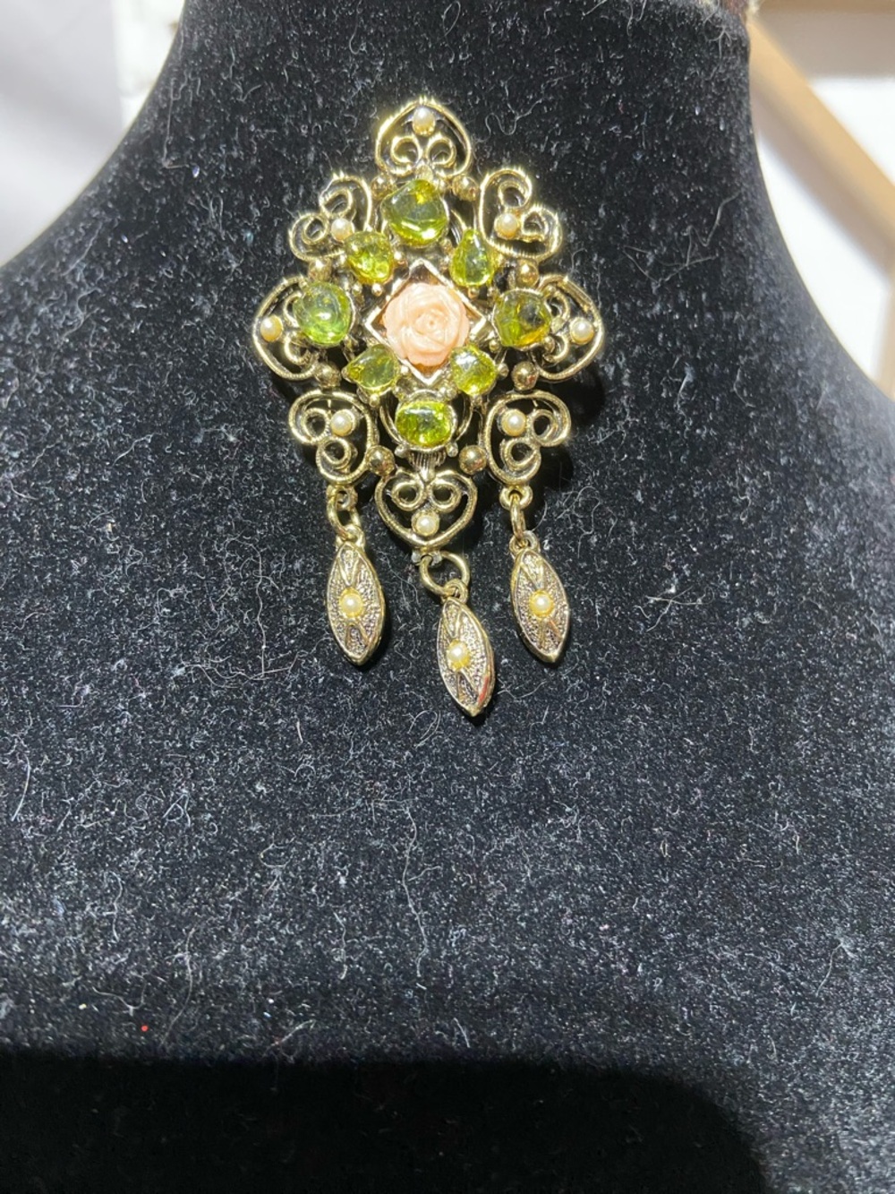 Gold-Tone  Brooch with Green Glass Stones and Pink Rose